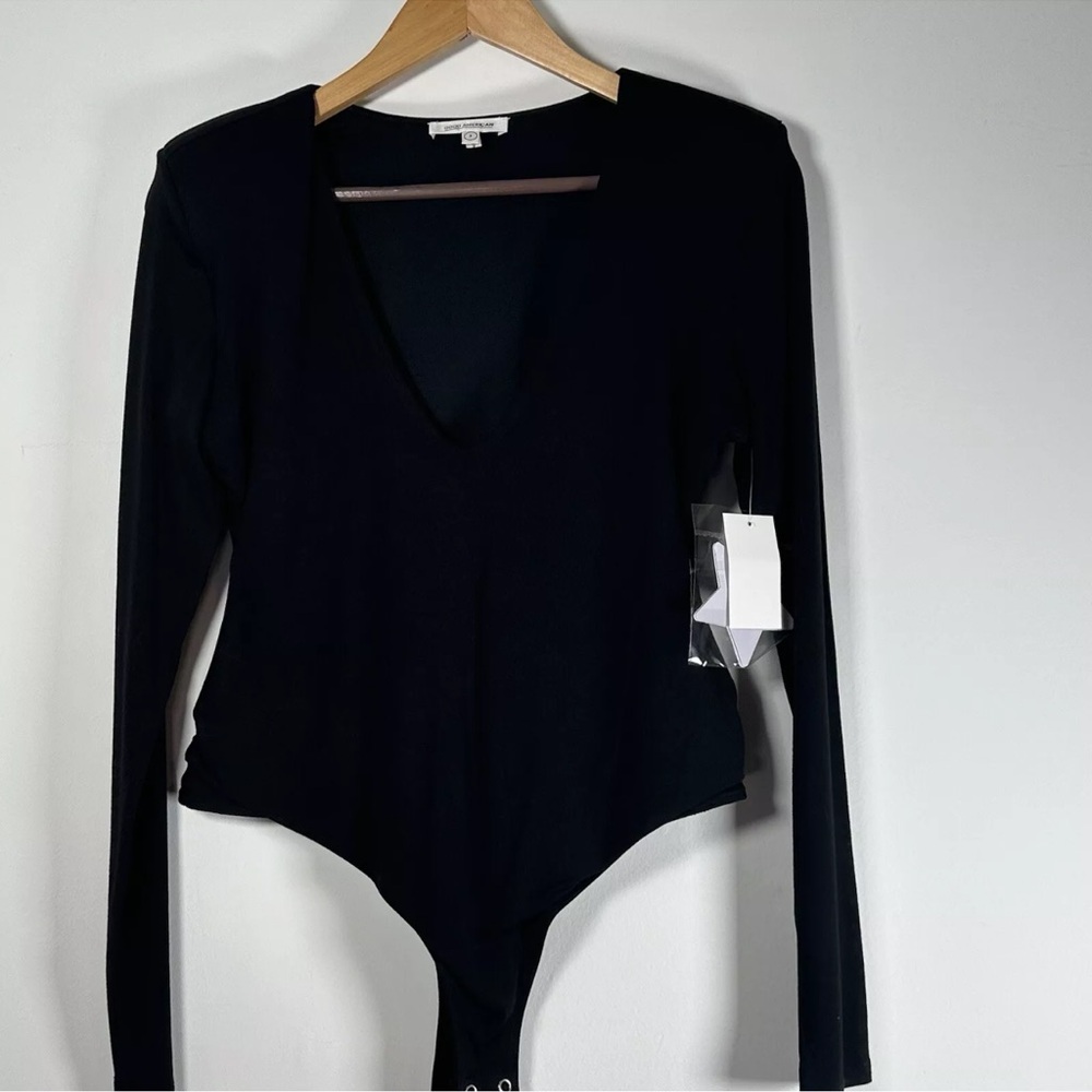 Good American Black Low Down Deep V Bodysuit Large New Shoulder Pad Long Sleeve - Picture 8 of 12